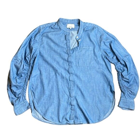 3.1 Phillip Lim Ruched Long Sleeve Denim Chambray Button Down Shirt Size 8 - Picture 4 of 10